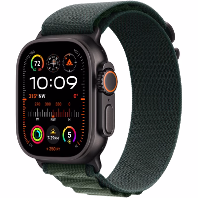 Apple Watch Ultra 2, GPS, Cellular, Carcasa Black Titanium 49mm, Dark Green Alpine Loop